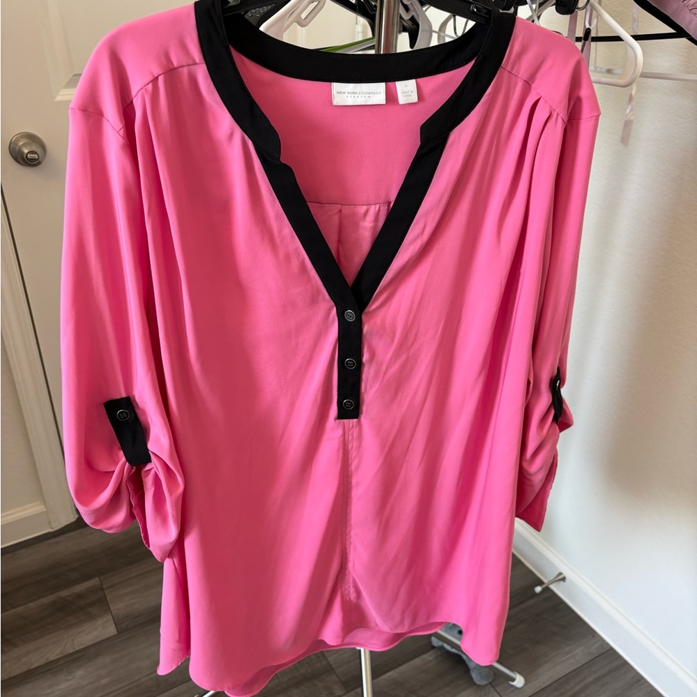 New York & Company Pink Blouse with Black Trim